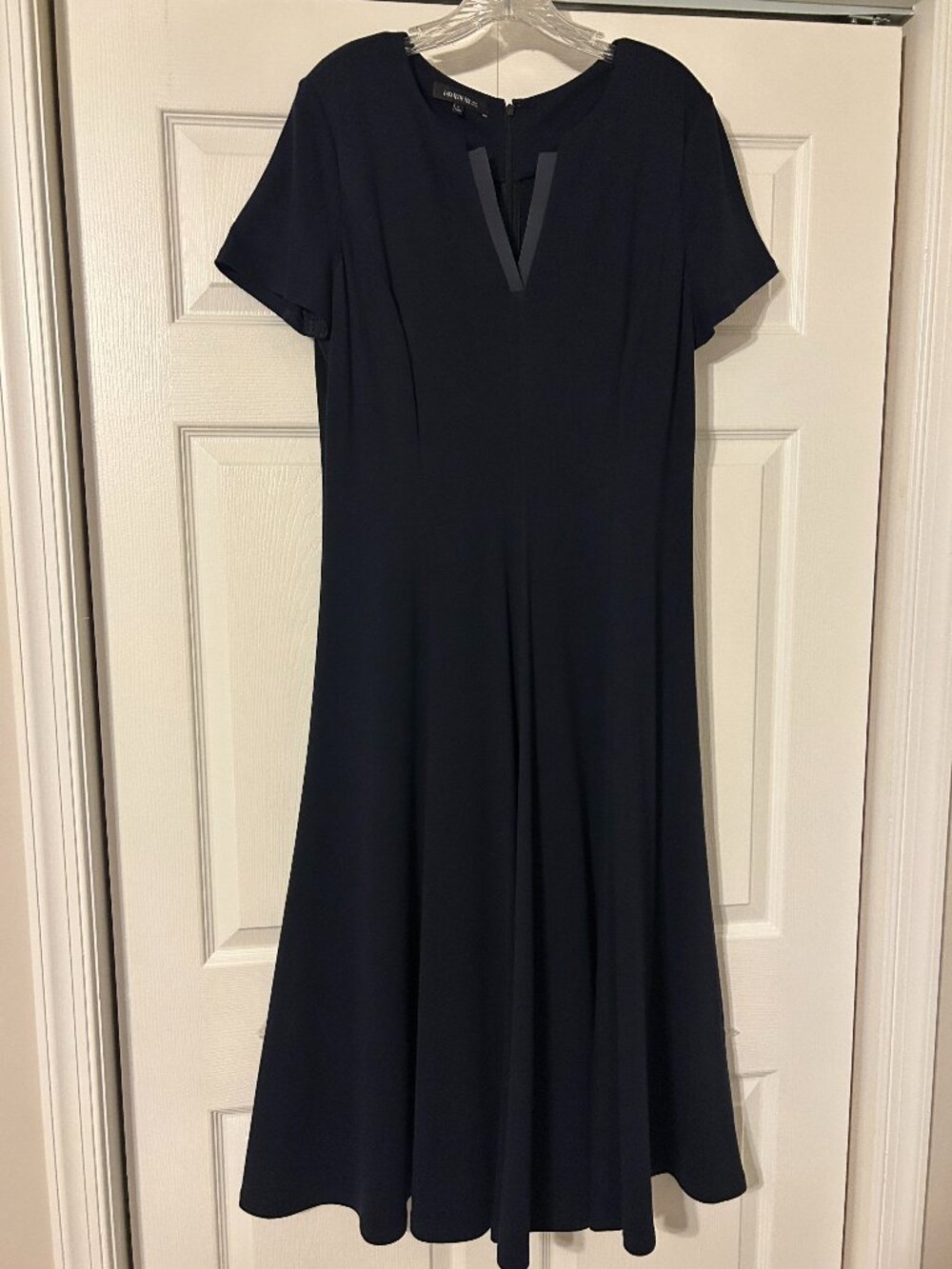 LAFAYETTE 148 Sz L Navy Blue Short Sleeve Leather Accent Fit n' Flare Long Dress